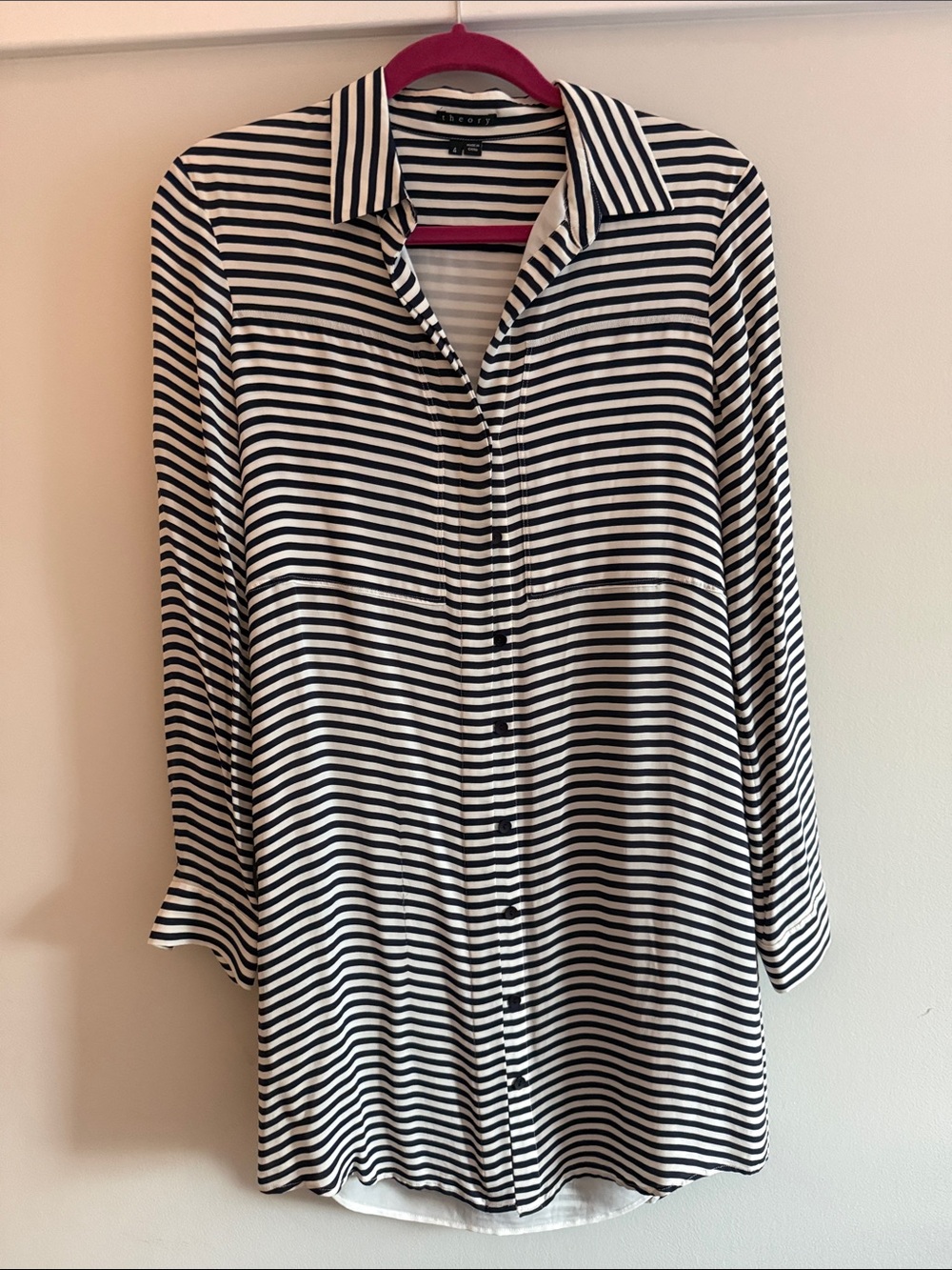 Theory Black & White Striped Button-Down dress